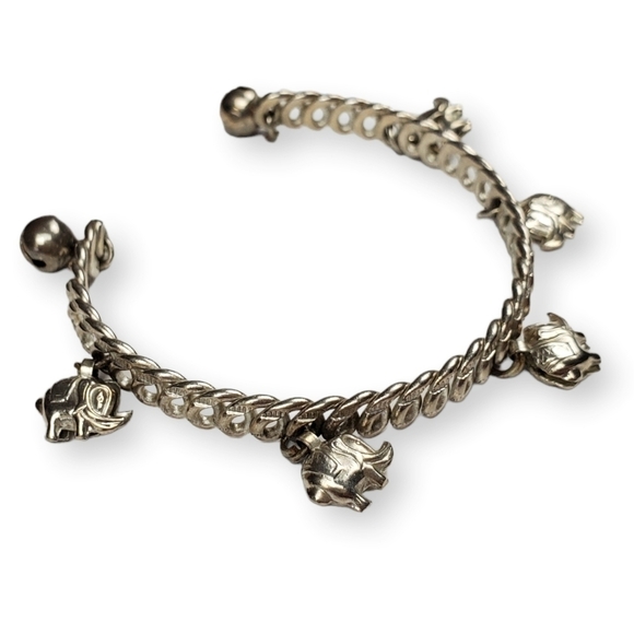 Elephant Charm Cuff Bracelet Jingle Bell Silver Tone Hammered India Bollywood 7" - Picture 1 of 6